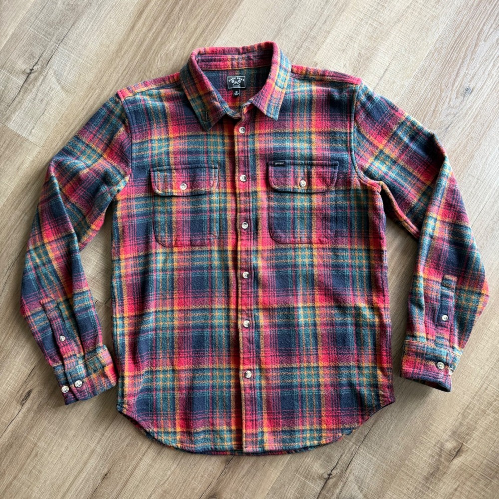 Dark Seas Division Mens Plaid Flannel Shirt Red Teal Orange Cotton Button Up M